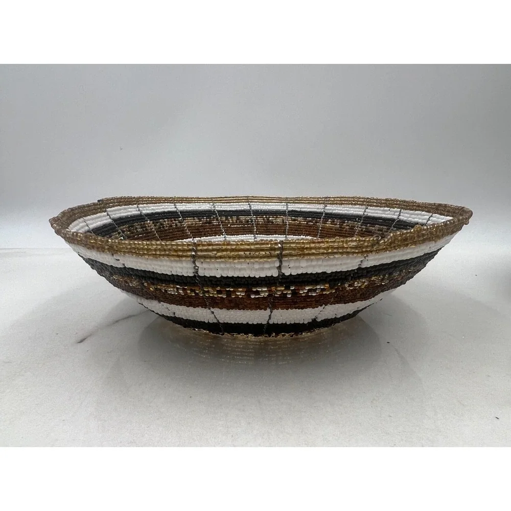 Seed Bead Bowl Basket Wire Framed Design Basket 11.5